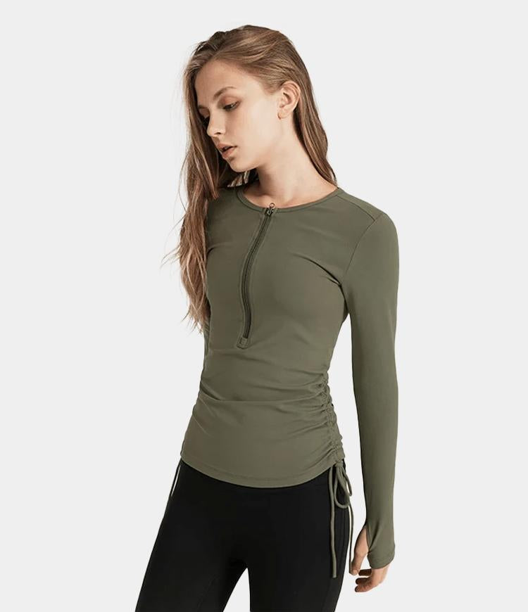 Side Shirred Zipper Fitted Long Sleeve Top