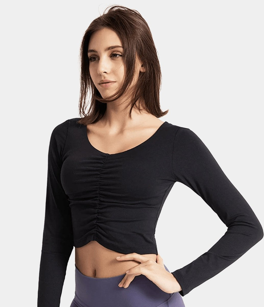 Sweetheart Shirred Fitted Cropped Long Sleeve Top