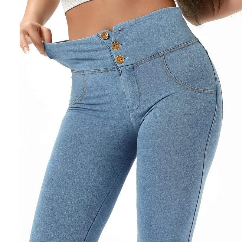 High Waist Hip Imitation Denim Elastic Peach Yoga Pants