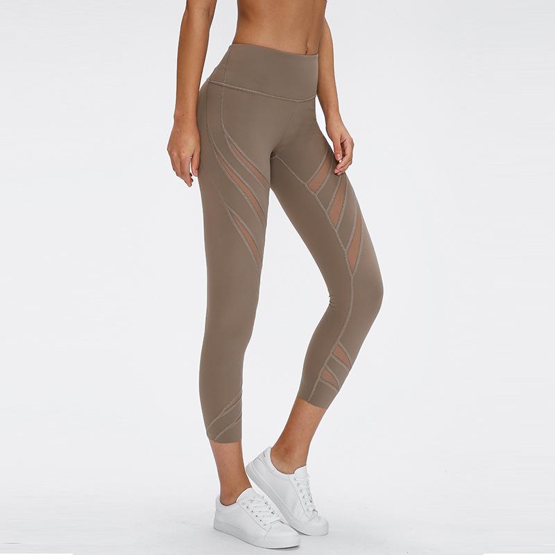 High waisted Rib Hollowed Gauze Nude Yoga Pants