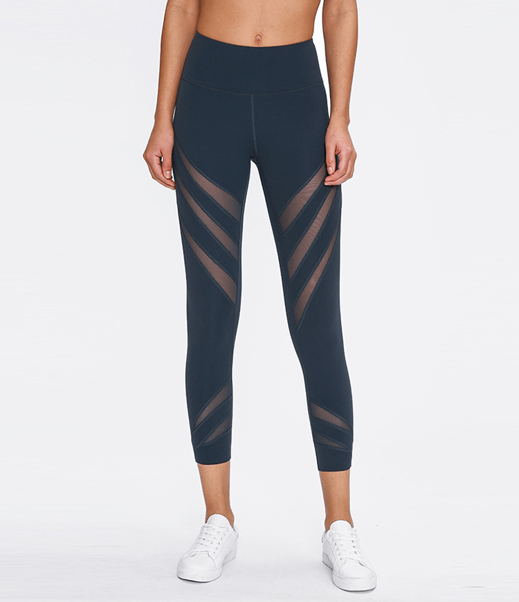 Bloom High Waisted Mesh Stripe Patchwork Waistband Pocket Capri Leggings