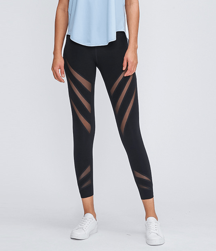 Bloom High Waisted Mesh Stripe Patchwork Waistband Pocket Capri Leggings