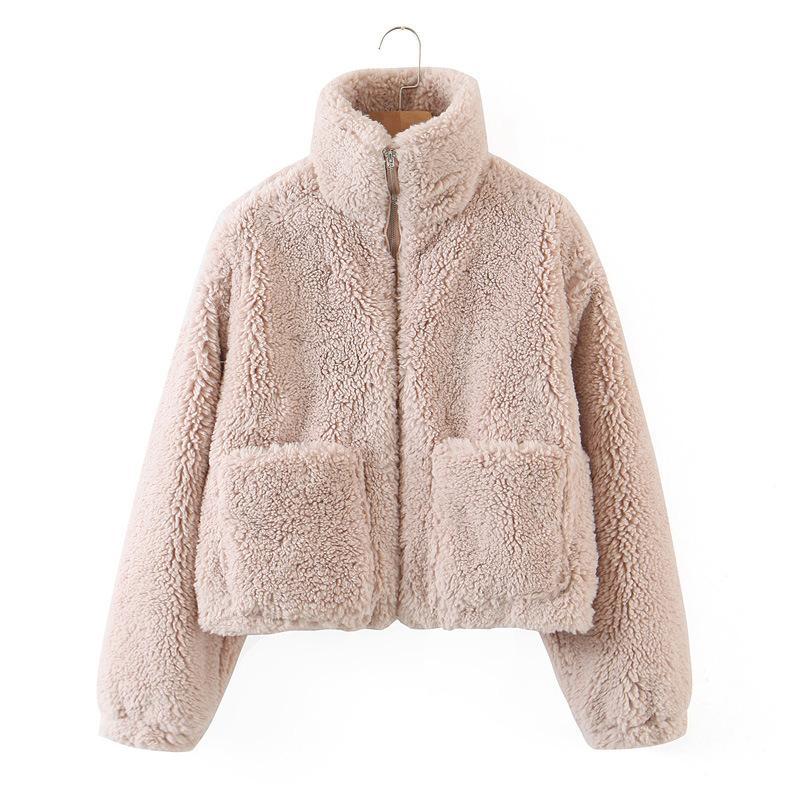 Double Pocket High Collar Lambskin Coat