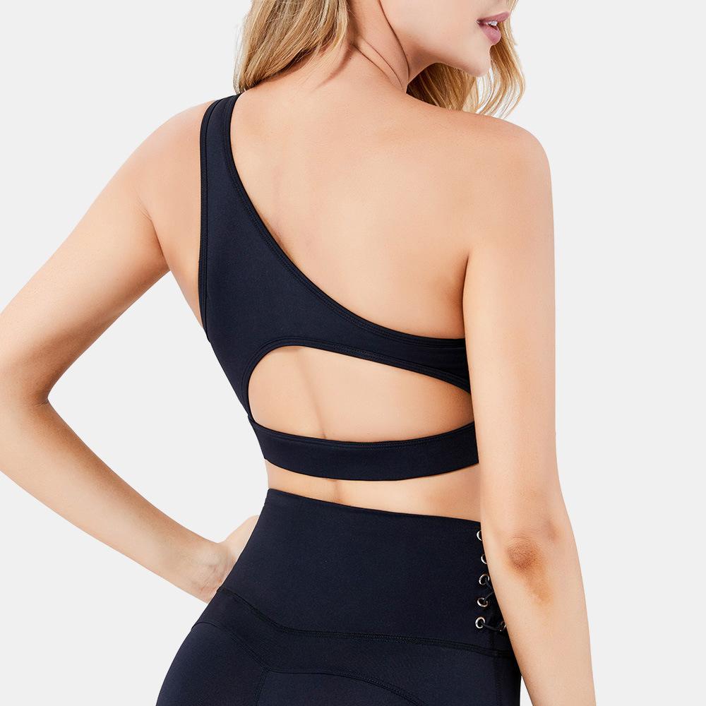 Oblique Shoulder Strap Hollowed Medium Impact Sports Bra