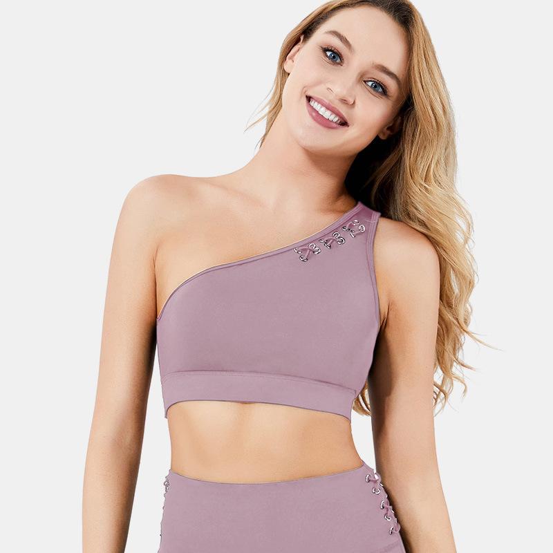 Oblique Shoulder Strap Hollowed Medium Impact Sports Bra