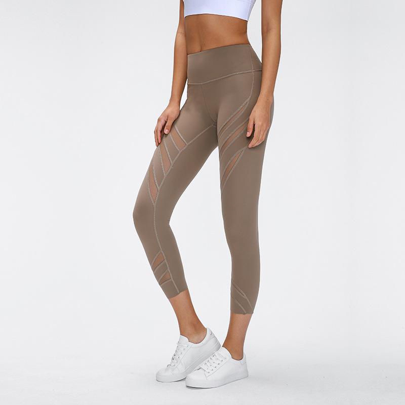 High waisted Rib Hollowed Gauze Nude Yoga Pants