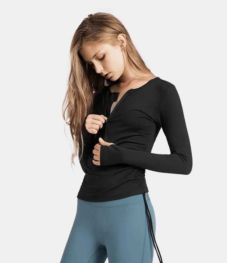 Side Shirred Zipper Fitted Long Sleeve Top