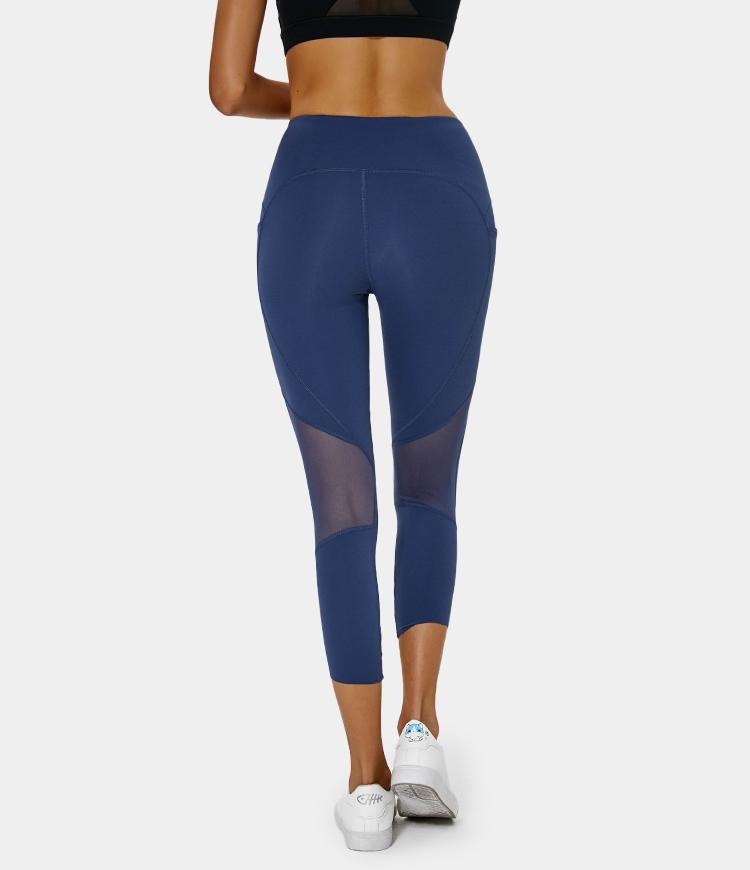 Bloom High Waisted Mesh Stripe Patchwork Side Pocket Capri Leggings