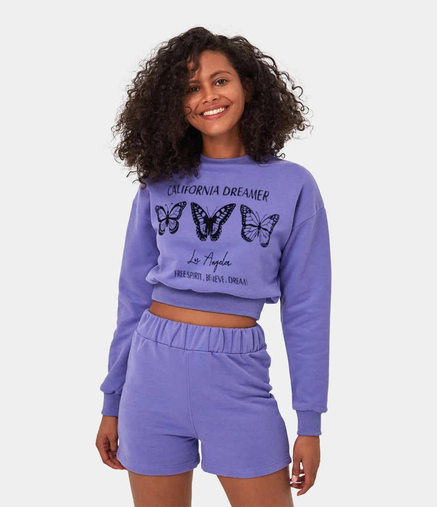 Locational Print Butterfly Sweatshirt Sweatpants Loungewear Set