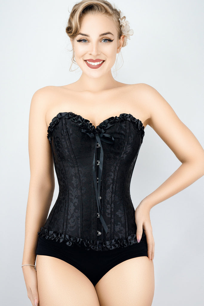 Black Brocade Sweetheart Corset Ruffle Trim