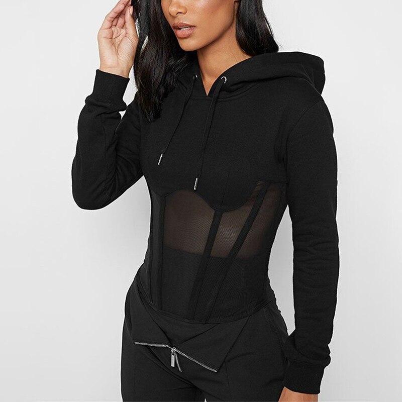 Long Sleeve Mesh Lace Hoodies Casual