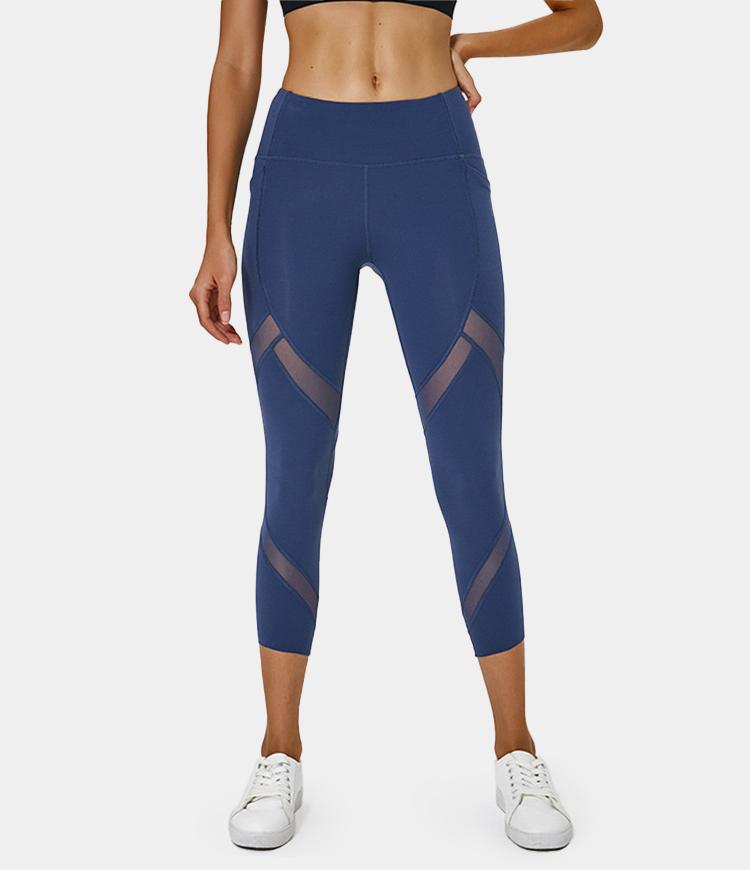 Bloom High Waisted Mesh Stripe Patchwork Side Pocket Capri Leggings