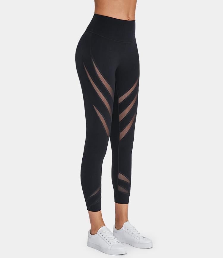 Bloom High Waisted Mesh Stripe Patchwork Waistband Pocket Capri Leggings