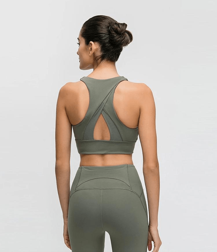 Bloom High Neck Longline Mesh Patchwork Racerback Medium Support Sports Bra