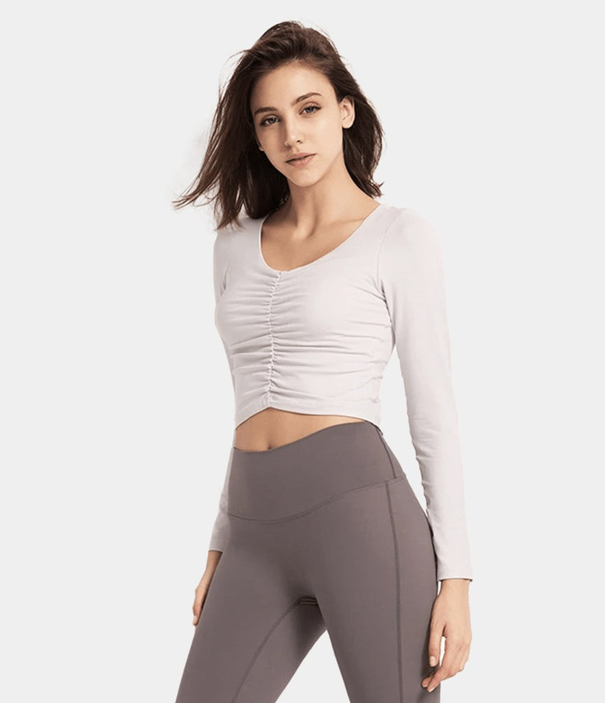 Sweetheart Shirred Fitted Cropped Long Sleeve Top
