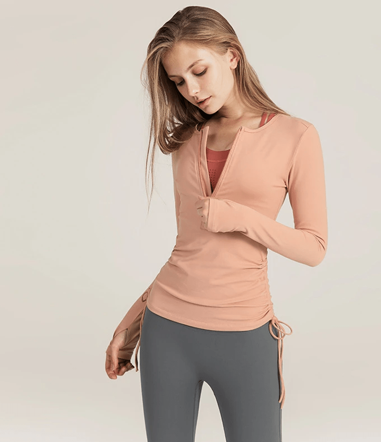 Side Shirred Zipper Fitted Long Sleeve Top